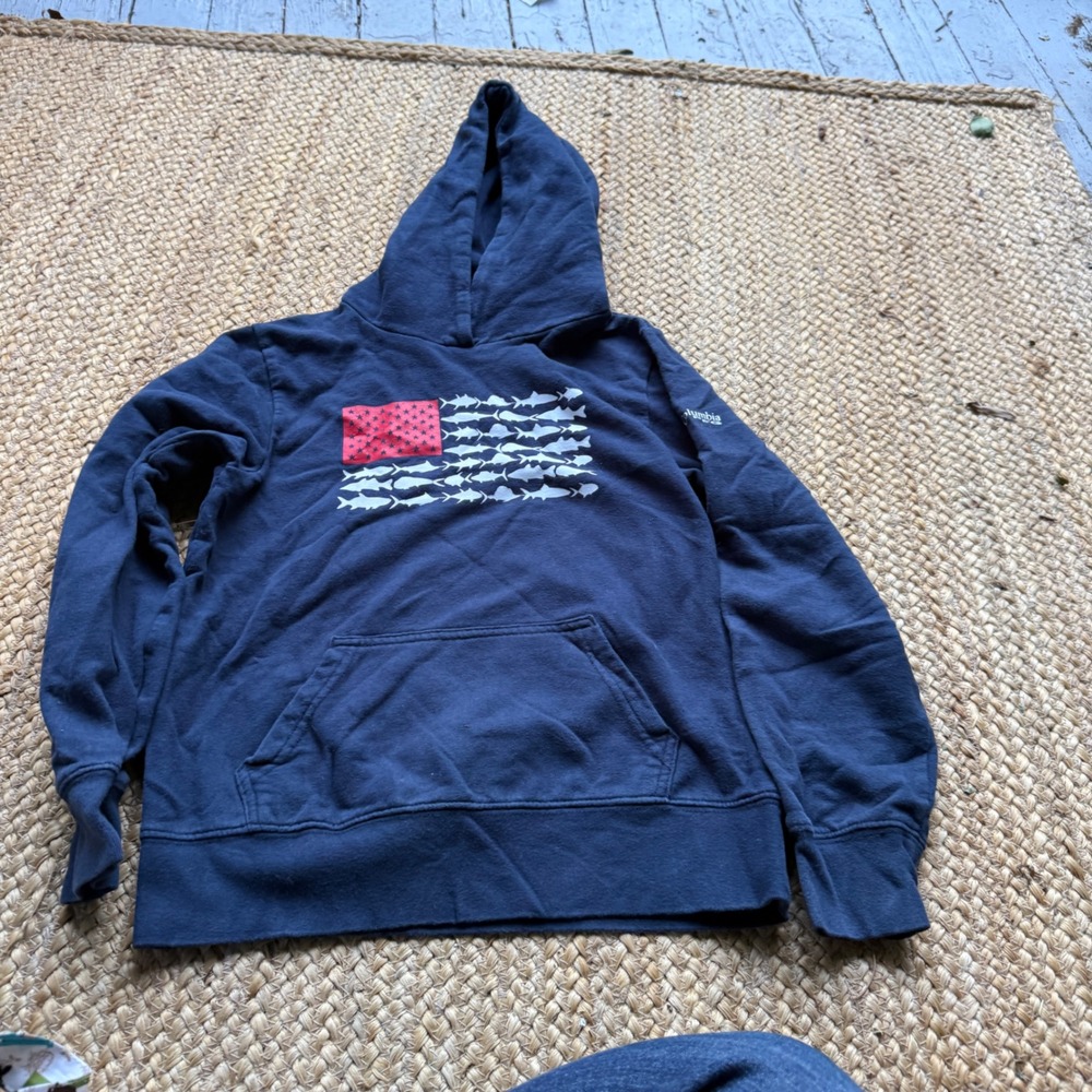 Columbia Kids Navy Blue PFG Fish Flag Hoodie Sweatshirt Size M 10/12